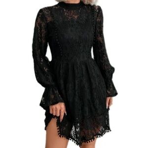 Eilly Bazar Mock Neck Flounce Sleeve Lace Dress
